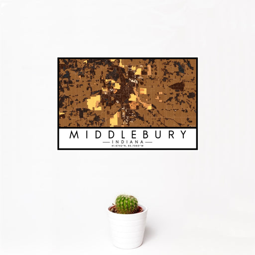 12x18 Middlebury Indiana Map Print Landscape Orientation in Ember Style With Small Cactus Plant in White Planter