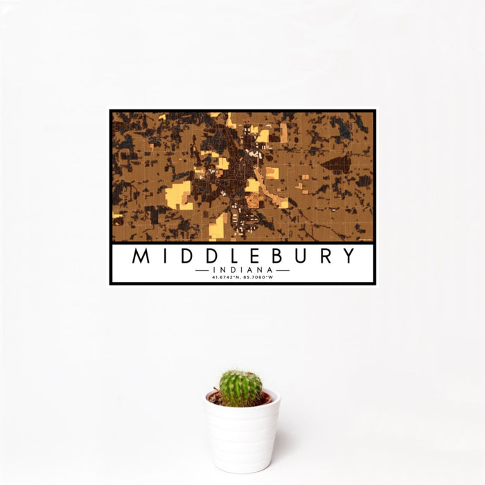 12x18 Middlebury Indiana Map Print Landscape Orientation in Ember Style With Small Cactus Plant in White Planter