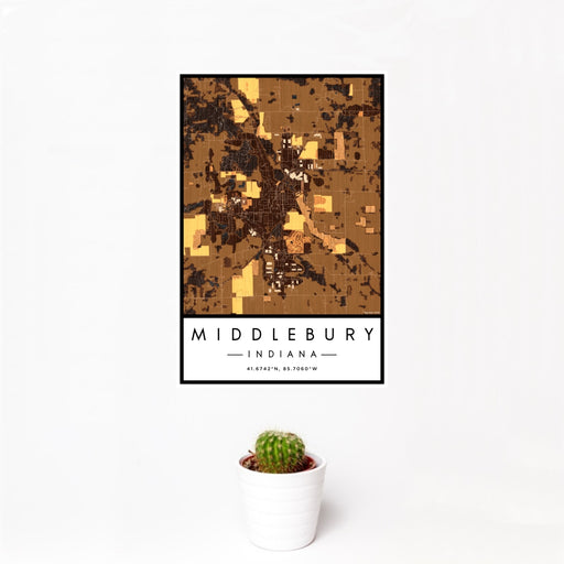 12x18 Middlebury Indiana Map Print Portrait Orientation in Ember Style With Small Cactus Plant in White Planter