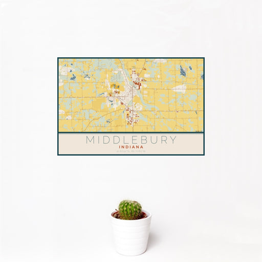 12x18 Middlebury Indiana Map Print Landscape Orientation in Woodblock Style With Small Cactus Plant in White Planter