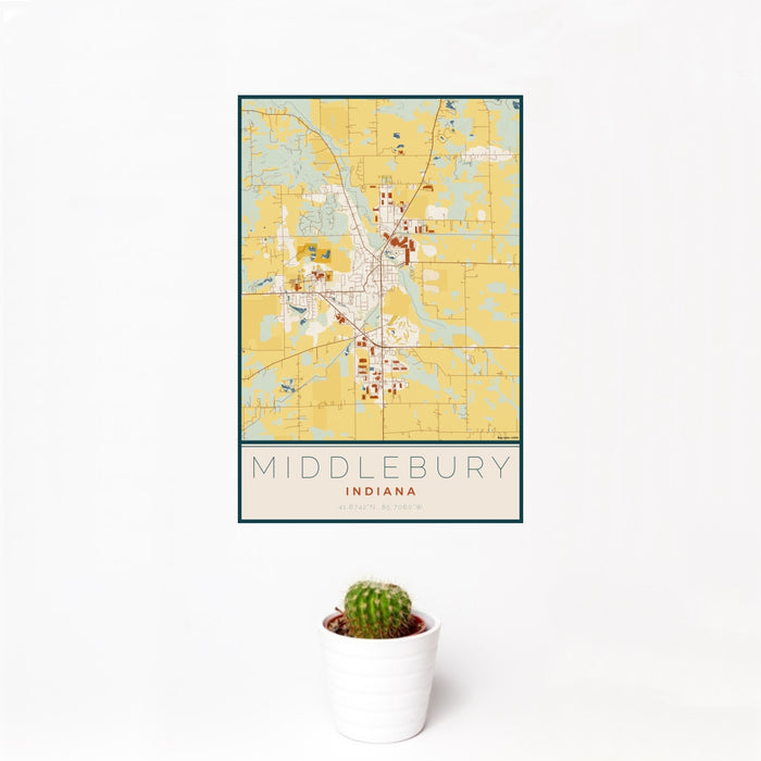 12x18 Middlebury Indiana Map Print Portrait Orientation in Woodblock Style With Small Cactus Plant in White Planter