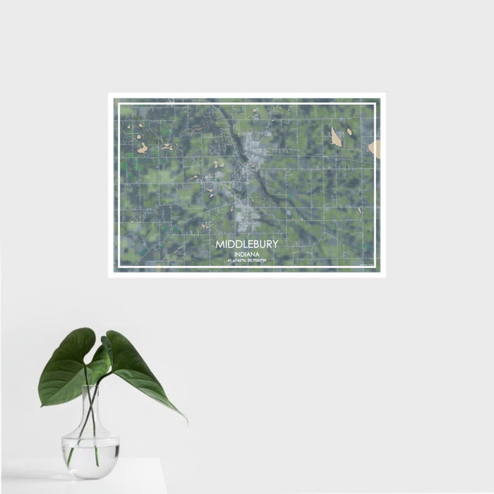16x24 Middlebury Indiana Map Print Landscape Orientation in Afternoon Style With Tropical Plant Leaves in Water