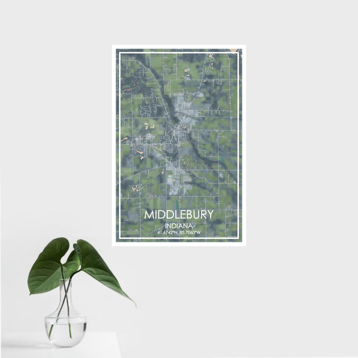 16x24 Middlebury Indiana Map Print Portrait Orientation in Afternoon Style With Tropical Plant Leaves in Water