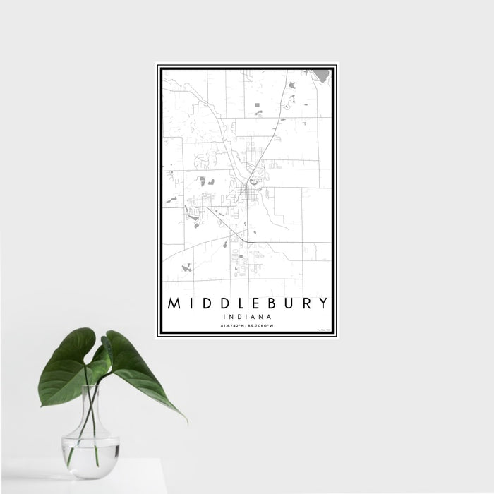 16x24 Middlebury Indiana Map Print Portrait Orientation in Classic Style With Tropical Plant Leaves in Water