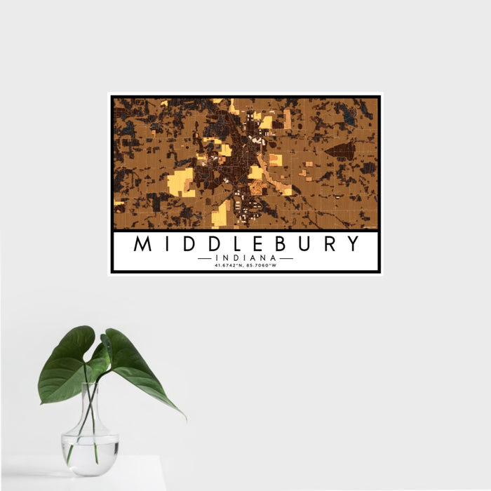 16x24 Middlebury Indiana Map Print Landscape Orientation in Ember Style With Tropical Plant Leaves in Water