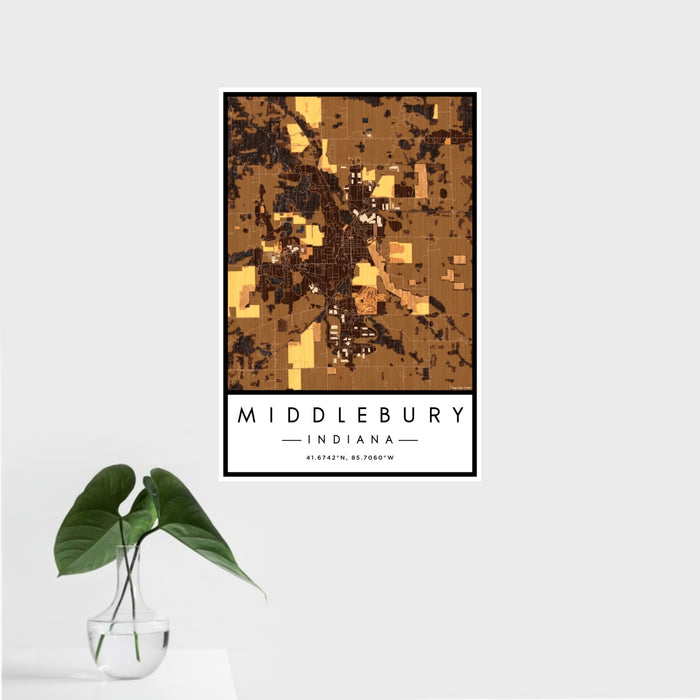 16x24 Middlebury Indiana Map Print Portrait Orientation in Ember Style With Tropical Plant Leaves in Water