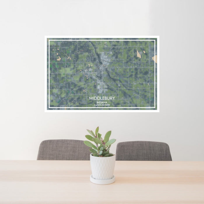 24x36 Middlebury Indiana Map Print Lanscape Orientation in Afternoon Style Behind 2 Chairs Table and Potted Plant