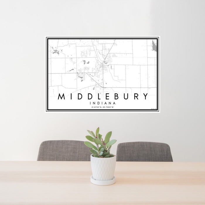 24x36 Middlebury Indiana Map Print Lanscape Orientation in Classic Style Behind 2 Chairs Table and Potted Plant