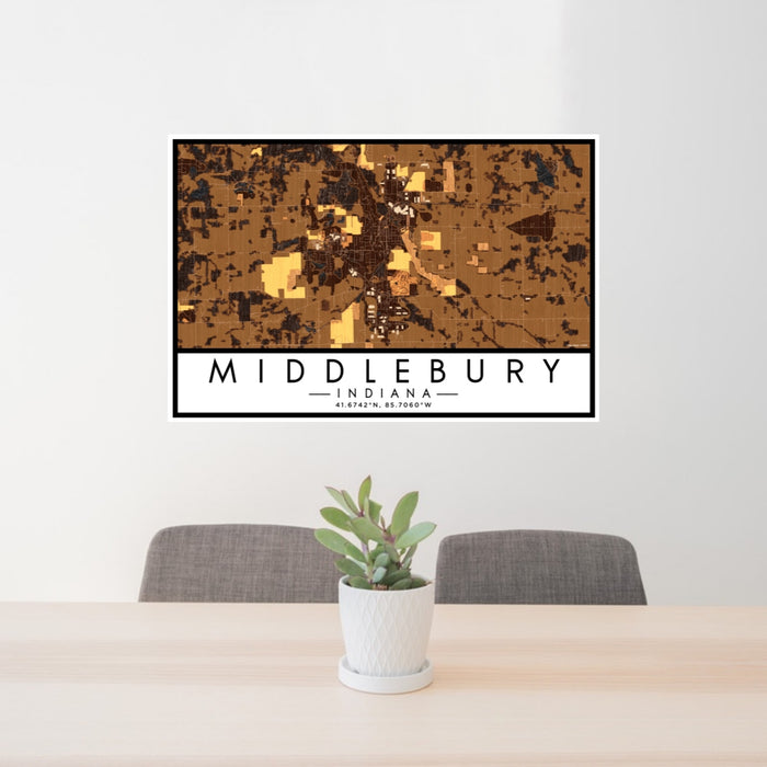 24x36 Middlebury Indiana Map Print Lanscape Orientation in Ember Style Behind 2 Chairs Table and Potted Plant