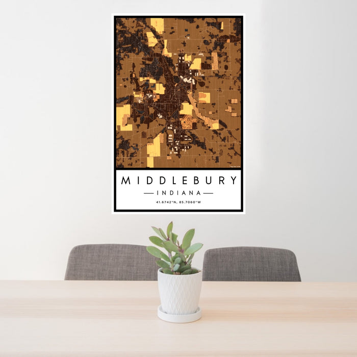24x36 Middlebury Indiana Map Print Portrait Orientation in Ember Style Behind 2 Chairs Table and Potted Plant