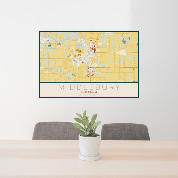 24x36 Middlebury Indiana Map Print Lanscape Orientation in Woodblock Style Behind 2 Chairs Table and Potted Plant