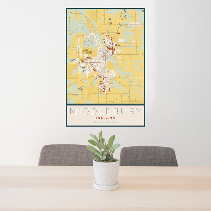 24x36 Middlebury Indiana Map Print Portrait Orientation in Woodblock Style Behind 2 Chairs Table and Potted Plant