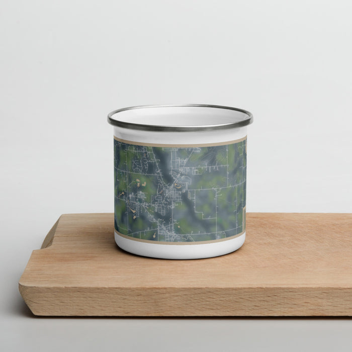 Front View Custom Middlebury Indiana Map Enamel Mug in Afternoon on Cutting Board