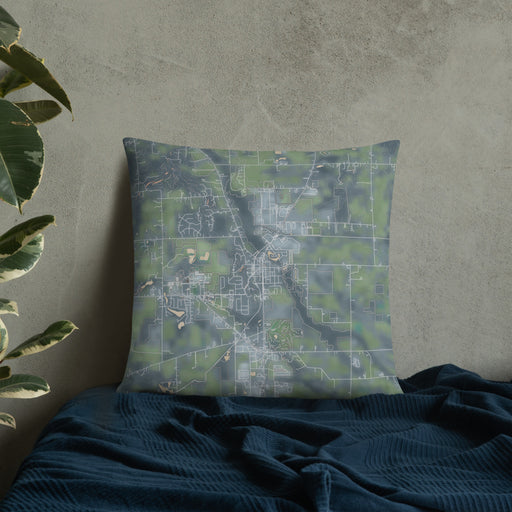 Custom Middlebury Indiana Map Throw Pillow in Afternoon on Bedding Against Wall