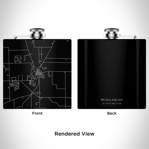 Rendered View of Middlebury Indiana Map Engraving on 6oz Stainless Steel Flask in Black