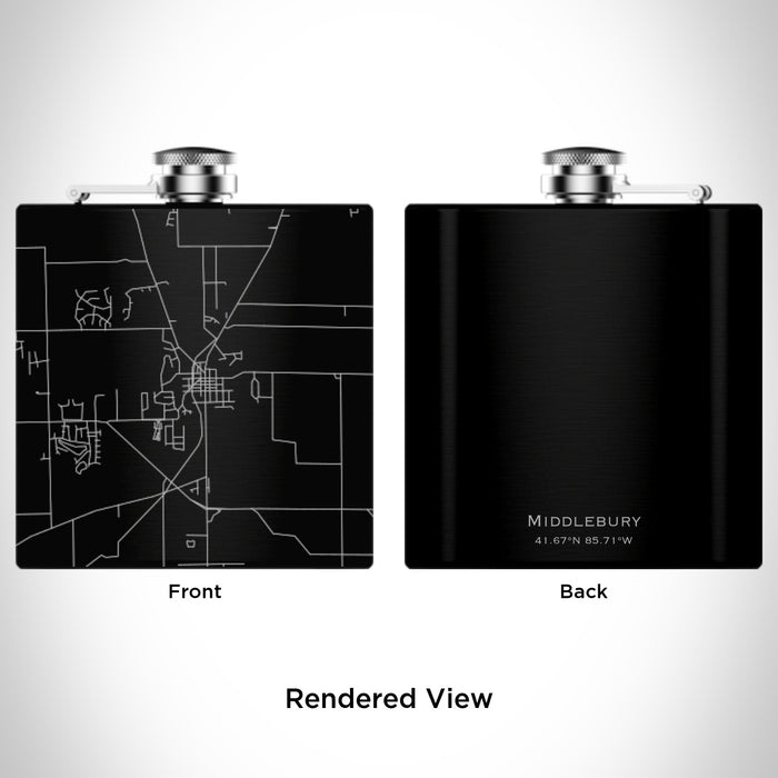 Rendered View of Middlebury Indiana Map Engraving on 6oz Stainless Steel Flask in Black