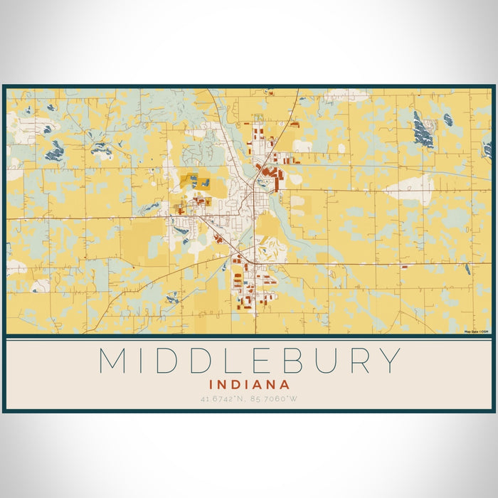 Middlebury Indiana Map Print Landscape Orientation in Woodblock Style With Shaded Background