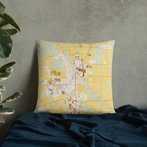 Custom Middlebury Indiana Map Throw Pillow in Woodblock on Bedding Against Wall