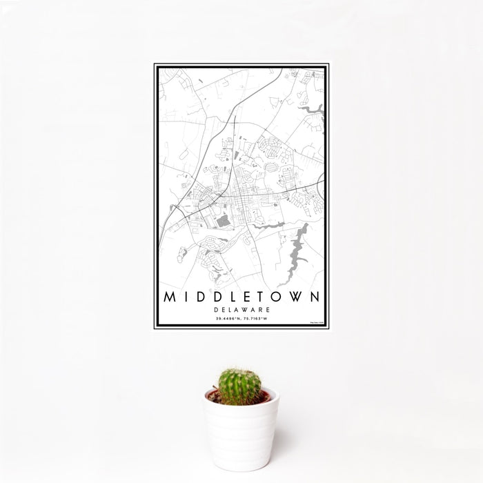 12x18 Middletown Delaware Map Print Portrait Orientation in Classic Style With Small Cactus Plant in White Planter