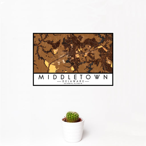12x18 Middletown Delaware Map Print Landscape Orientation in Ember Style With Small Cactus Plant in White Planter