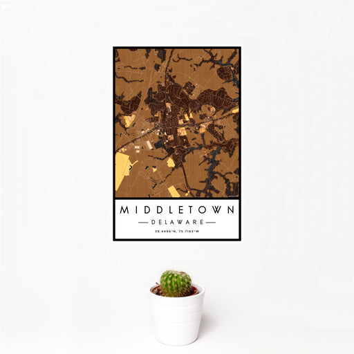 12x18 Middletown Delaware Map Print Portrait Orientation in Ember Style With Small Cactus Plant in White Planter