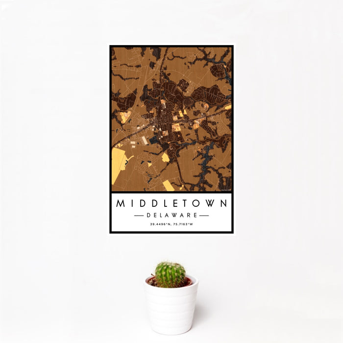 12x18 Middletown Delaware Map Print Portrait Orientation in Ember Style With Small Cactus Plant in White Planter