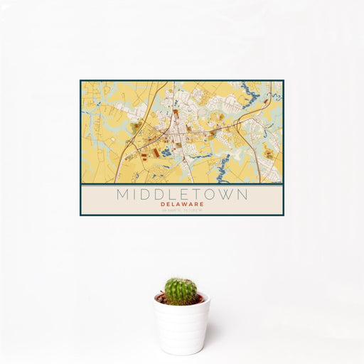 12x18 Middletown Delaware Map Print Landscape Orientation in Woodblock Style With Small Cactus Plant in White Planter