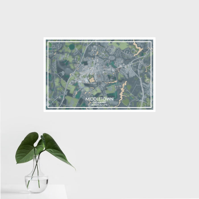 16x24 Middletown Delaware Map Print Landscape Orientation in Afternoon Style With Tropical Plant Leaves in Water