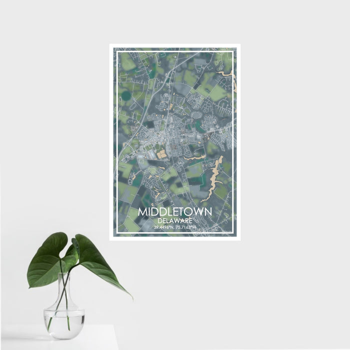 16x24 Middletown Delaware Map Print Portrait Orientation in Afternoon Style With Tropical Plant Leaves in Water