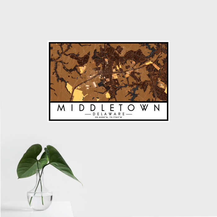 16x24 Middletown Delaware Map Print Landscape Orientation in Ember Style With Tropical Plant Leaves in Water