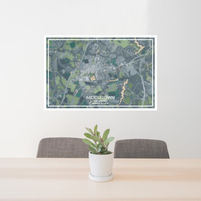 24x36 Middletown Delaware Map Print Lanscape Orientation in Afternoon Style Behind 2 Chairs Table and Potted Plant