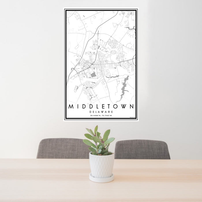 24x36 Middletown Delaware Map Print Portrait Orientation in Classic Style Behind 2 Chairs Table and Potted Plant