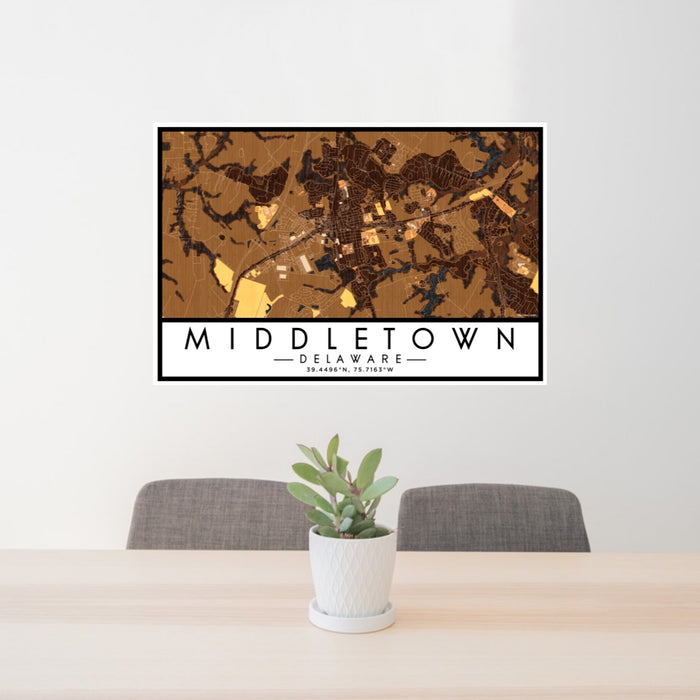 24x36 Middletown Delaware Map Print Lanscape Orientation in Ember Style Behind 2 Chairs Table and Potted Plant