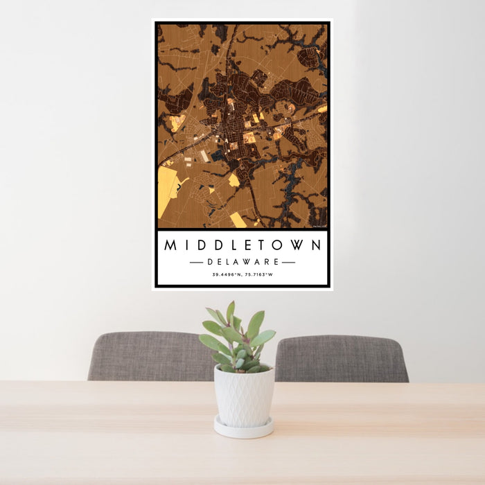 24x36 Middletown Delaware Map Print Portrait Orientation in Ember Style Behind 2 Chairs Table and Potted Plant