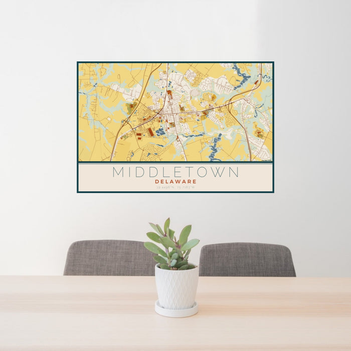 24x36 Middletown Delaware Map Print Lanscape Orientation in Woodblock Style Behind 2 Chairs Table and Potted Plant