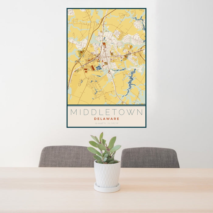 24x36 Middletown Delaware Map Print Portrait Orientation in Woodblock Style Behind 2 Chairs Table and Potted Plant
