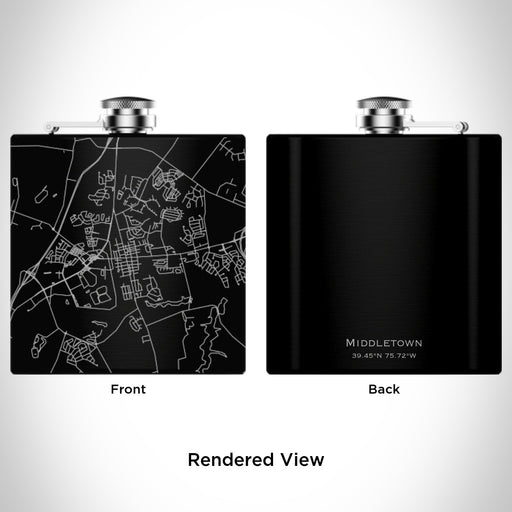 Rendered View of Middletown Delaware Map Engraving on 6oz Stainless Steel Flask in Black