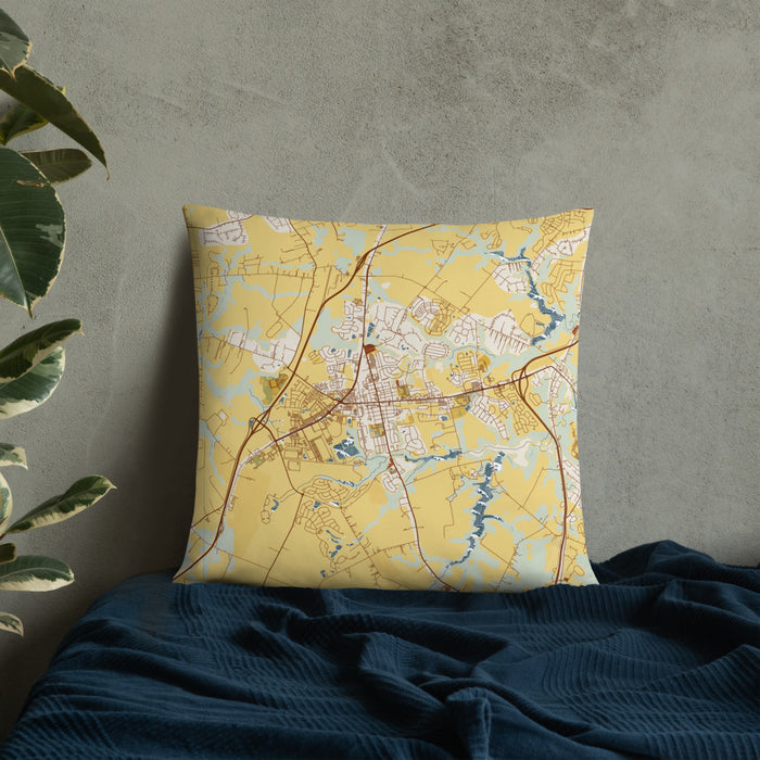 Custom Middletown Delaware Map Throw Pillow in Woodblock on Bedding Against Wall