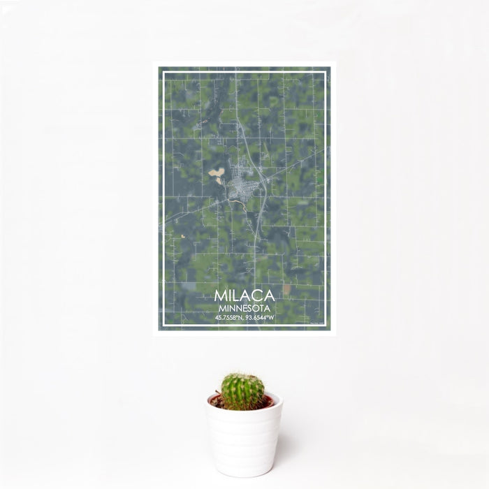 12x18 Milaca Minnesota Map Print Portrait Orientation in Afternoon Style With Small Cactus Plant in White Planter