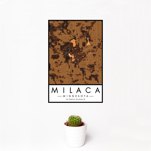 12x18 Milaca Minnesota Map Print Portrait Orientation in Ember Style With Small Cactus Plant in White Planter