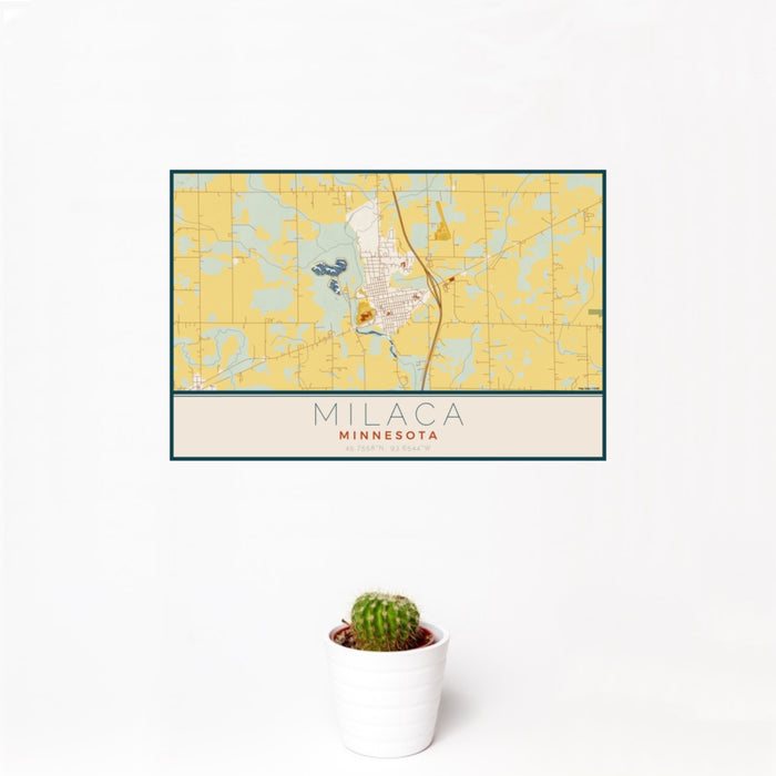 12x18 Milaca Minnesota Map Print Landscape Orientation in Woodblock Style With Small Cactus Plant in White Planter