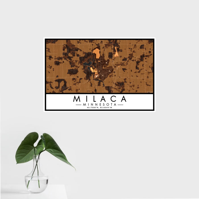 16x24 Milaca Minnesota Map Print Landscape Orientation in Ember Style With Tropical Plant Leaves in Water