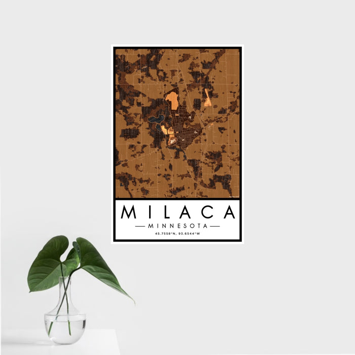 16x24 Milaca Minnesota Map Print Portrait Orientation in Ember Style With Tropical Plant Leaves in Water