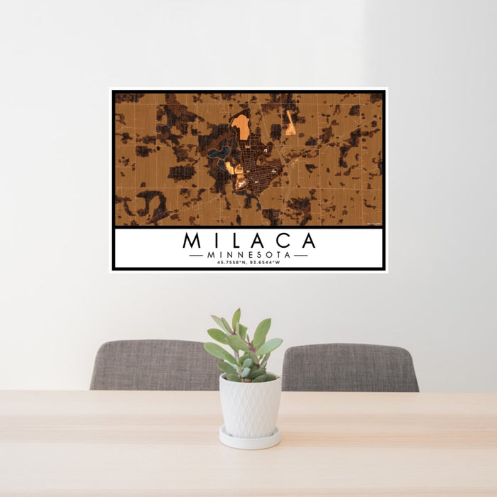 24x36 Milaca Minnesota Map Print Lanscape Orientation in Ember Style Behind 2 Chairs Table and Potted Plant