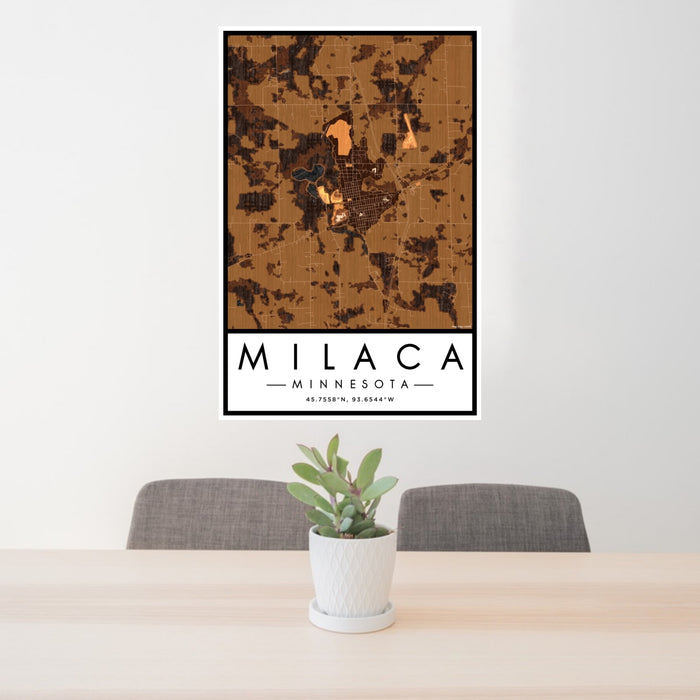 24x36 Milaca Minnesota Map Print Portrait Orientation in Ember Style Behind 2 Chairs Table and Potted Plant