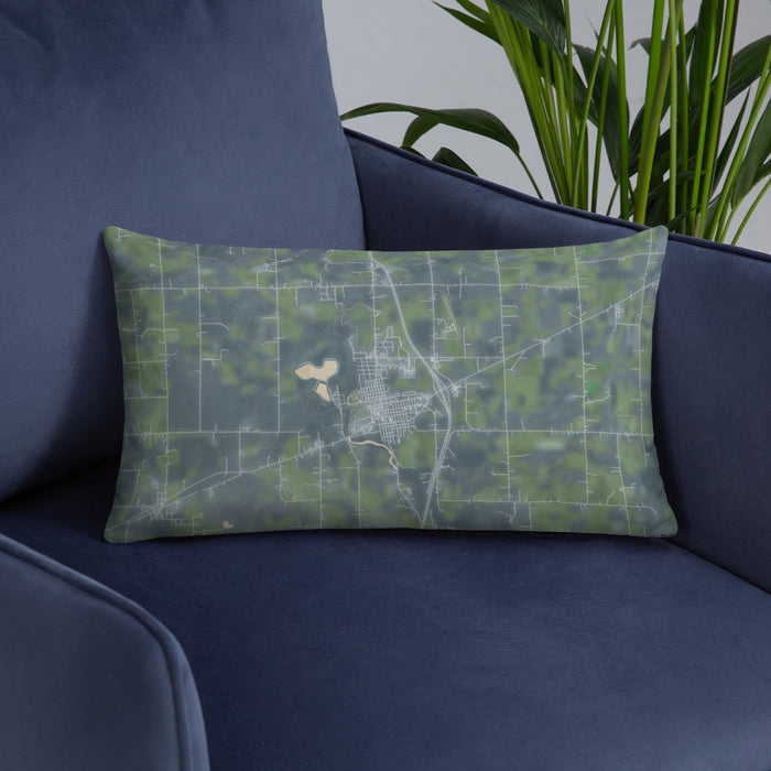 Custom Milaca Minnesota Map Throw Pillow in Afternoon on Blue Colored Chair