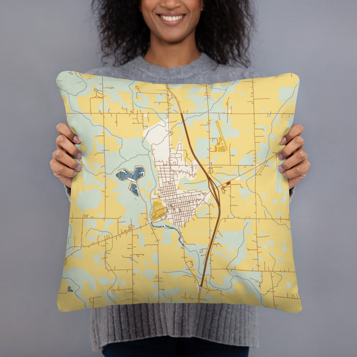 Person holding 18x18 Custom Milaca Minnesota Map Throw Pillow in Woodblock