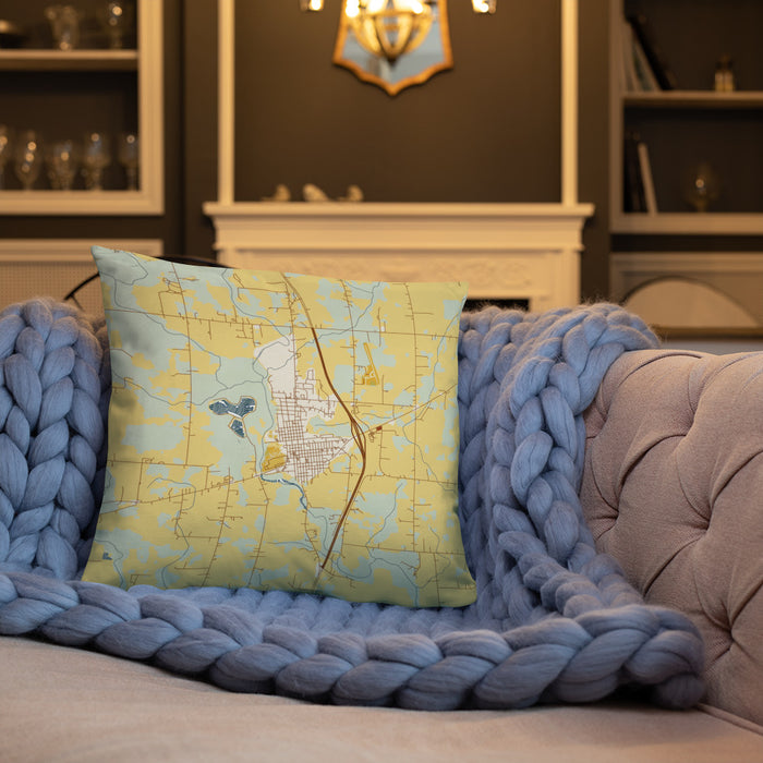 Custom Milaca Minnesota Map Throw Pillow in Woodblock on Cream Colored Couch