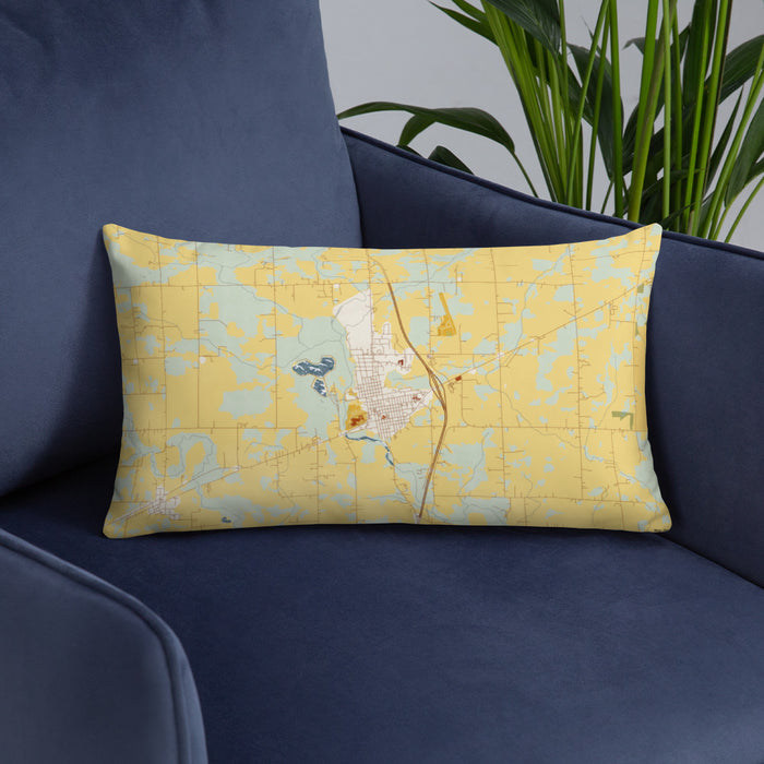 Custom Milaca Minnesota Map Throw Pillow in Woodblock on Blue Colored Chair