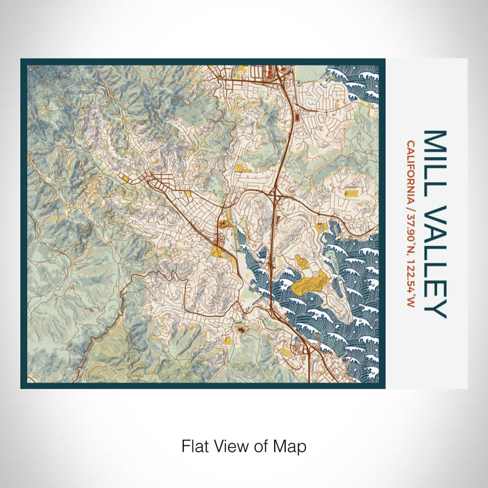 Rendered View of Mill Valley California Map on 20oz Stainless Steel Insulated Bottle with Bamboo Top with printed woodblock style map